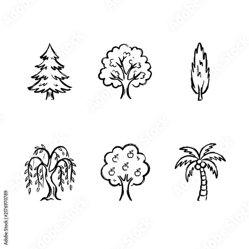 Tree illustration icon set on outline brush effect
