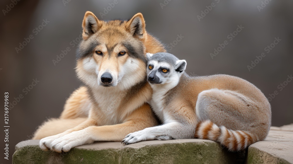 Fototapeta premium A wolf and a ring-tailed lemur resting together