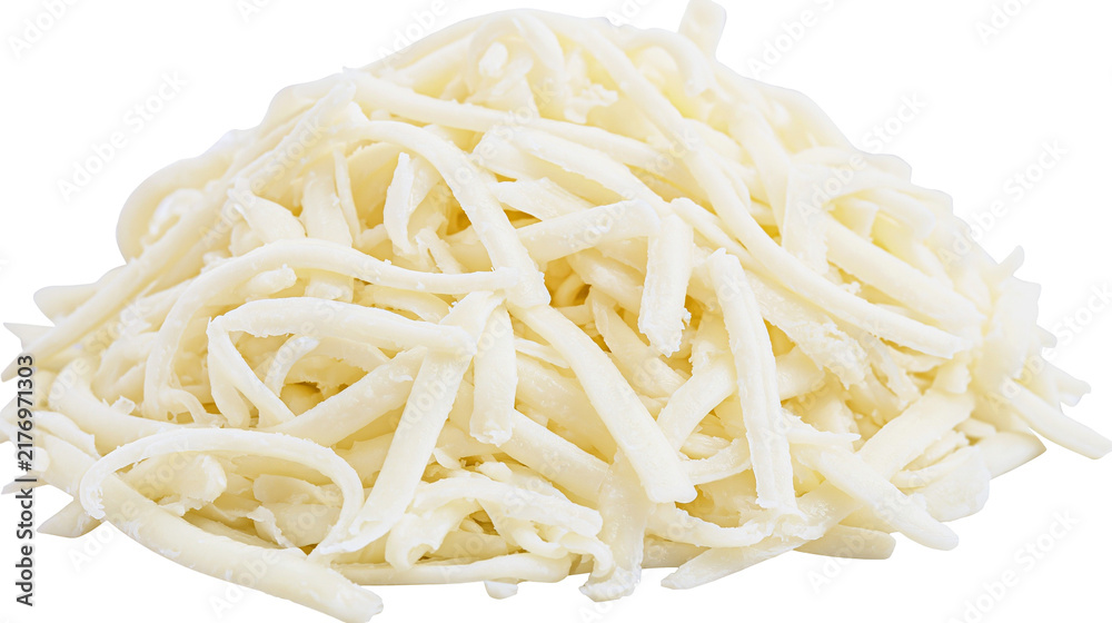Fototapeta premium Heap of shredded mozzarella cheese strips for cooking and pizza topping
