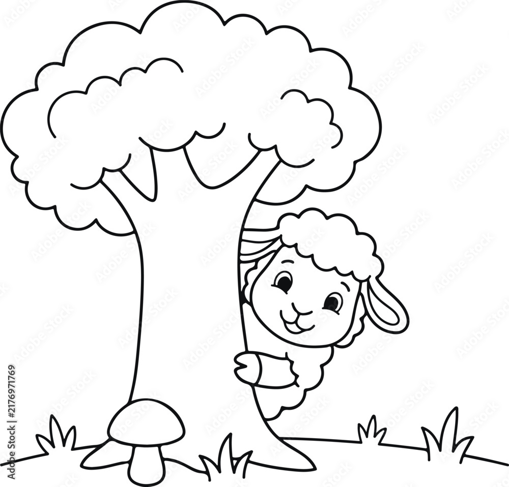 Fototapeta premium Cute cartoon sheep peeking from behind a tree with a mushroom, coloring page for kids