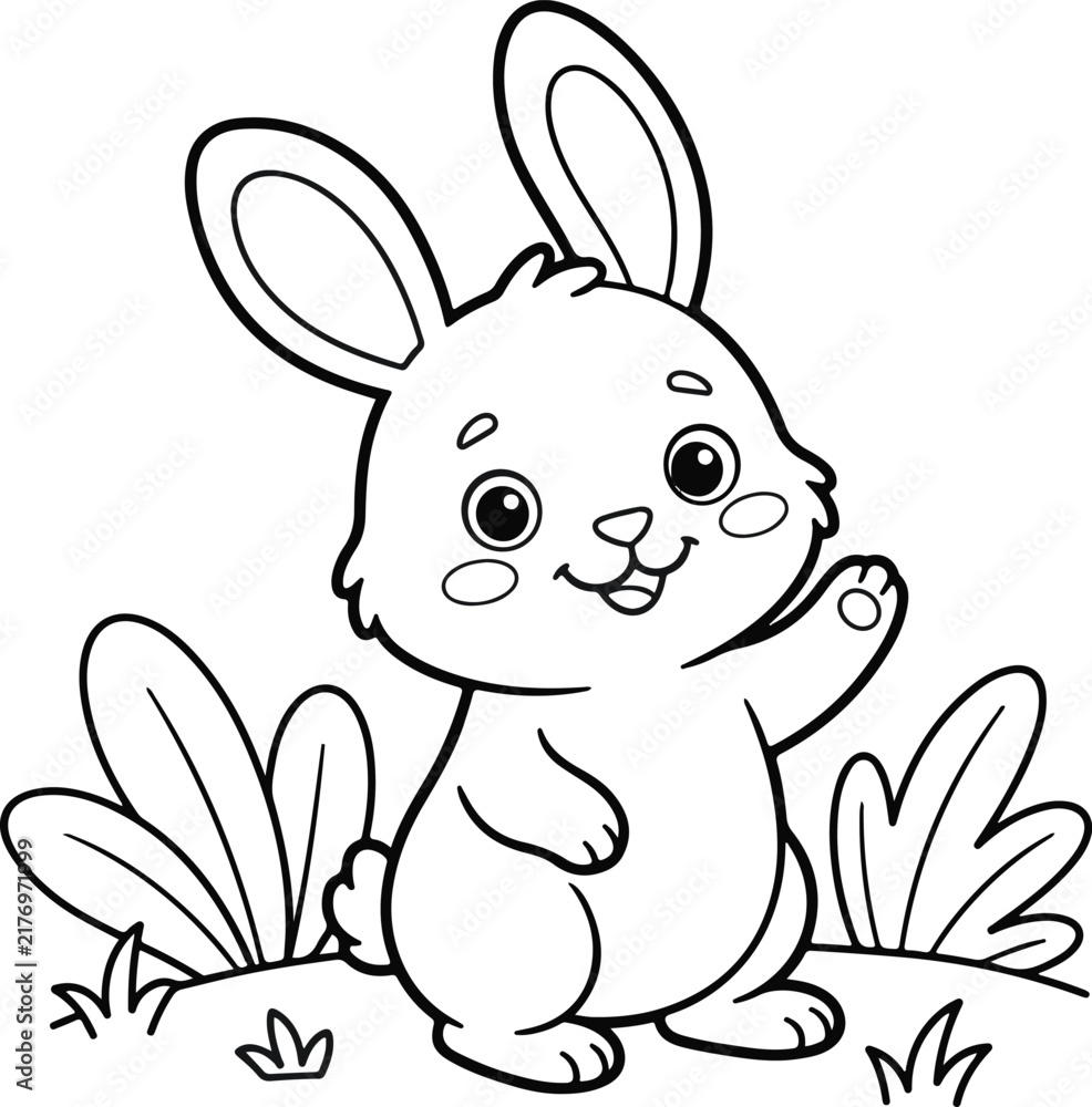 Fototapeta premium Cute cartoon bunny waving hello in the grass