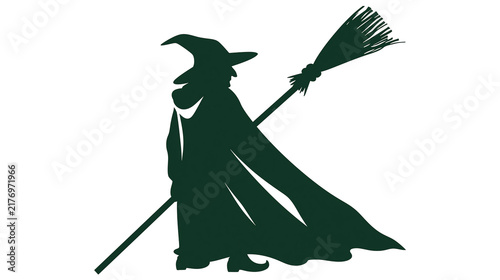 Dark green silhouette of a witch wearing a pointed hat and cloak holding a broom