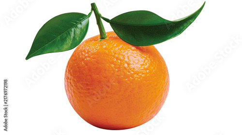 Fresh ripe orange fruit with two green leaves attached to the stem