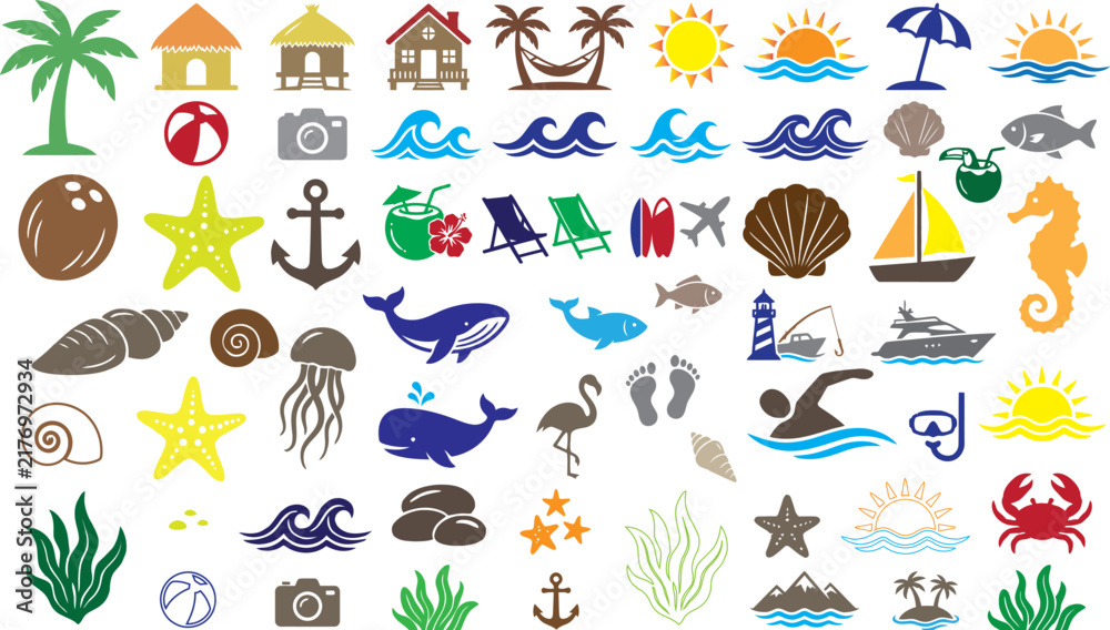 Fototapeta premium Summer Beach Vacation Vector Icons Set with Marine Life, Palm Trees, Sea Waves, and Tropical Elements