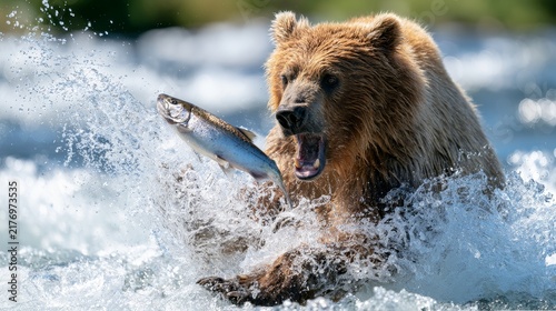 Grizzly bear catching salmon in a river, splashing water around, with a blurred natural background of trees and sunlight filtering through