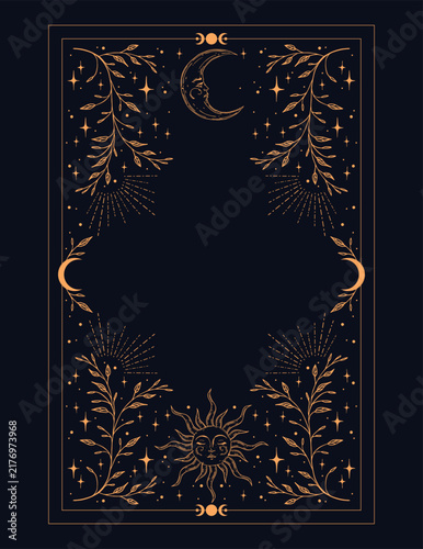 Mystic celestial frame template with sun and crescent moon. Esoteric witchy vector background border for tarot card, book cover or invitation.