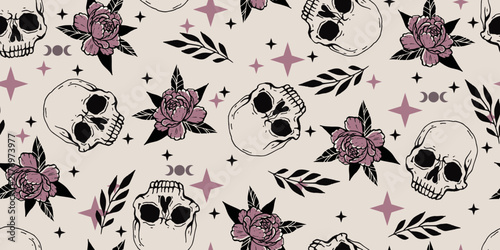 Mystic celestial skull and peony flowers seamless pattern. Esoteric witchy gothic vector background with skulls, roses, crescent moon and stars.