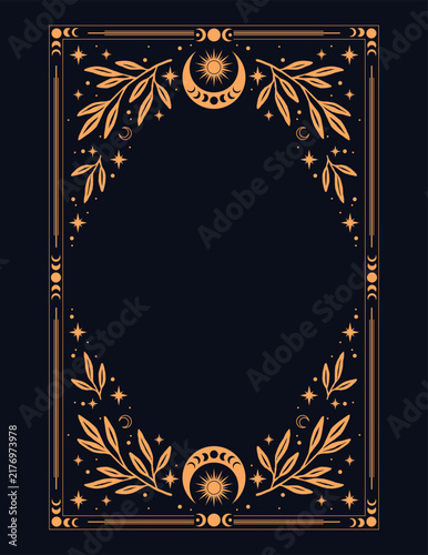 Mystic celestial frame template with sun and crescent moon. Esoteric witchy vector background border for tarot card, book cover or invitation.