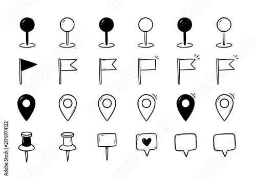 A collection of hand-drawn map pins, location markers, and flag isolated on a white background for