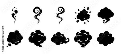 Collection of black silhouette smoke, steam, and cloud for comic book style