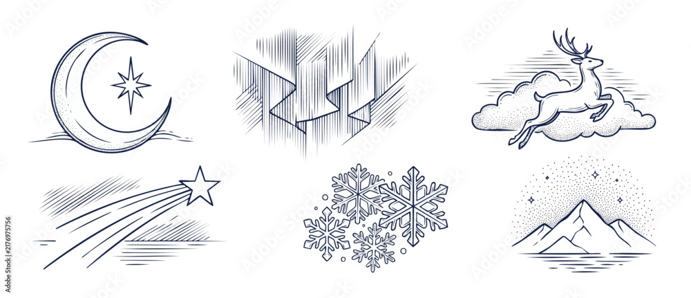 Fototapeta premium Winter line art vector set featuring crescent moon, aurora borealis, leaping reindeer, shooting star, snowflakes, and mountain landscape for holiday Christmas design and celestial winter decorations.