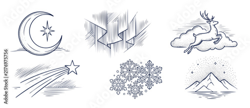 Winter line art vector set featuring crescent moon, aurora borealis, leaping reindeer, shooting star, snowflakes, and mountain landscape for holiday Christmas design and celestial winter decorations.