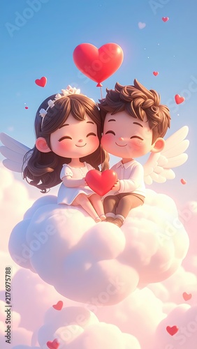 Cute Valentine Couple Sticker, Adorable Couple on Cloud with Heart Balloons