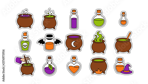 Halloween Stickers Set with Cauldrons, Potions, and Spooky Icons. Festive Halloween Design Elements