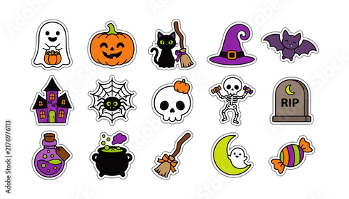 Halloween Sticker Bundle Design with Spooky Icons, Including Ghosts, Pumpkins, Bats, and Witch Hats
