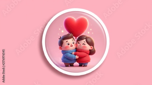 Cute Valentine Couple Sticker, Heartwarming Hug Beneath a Giant Heart Balloon