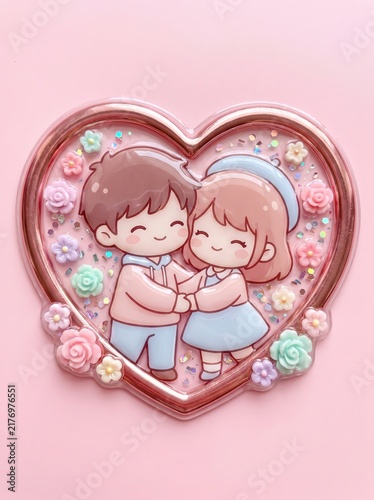 Cute Valentine Couple Sticker, Cute Couple Inside Heart with Flowers and Sparkles