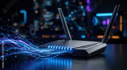 Modern wireless Wi-Fi router with glowing blue LED lights transmitting high speed internet data streams represented by abstract fiber optic light waves in dark high tech room