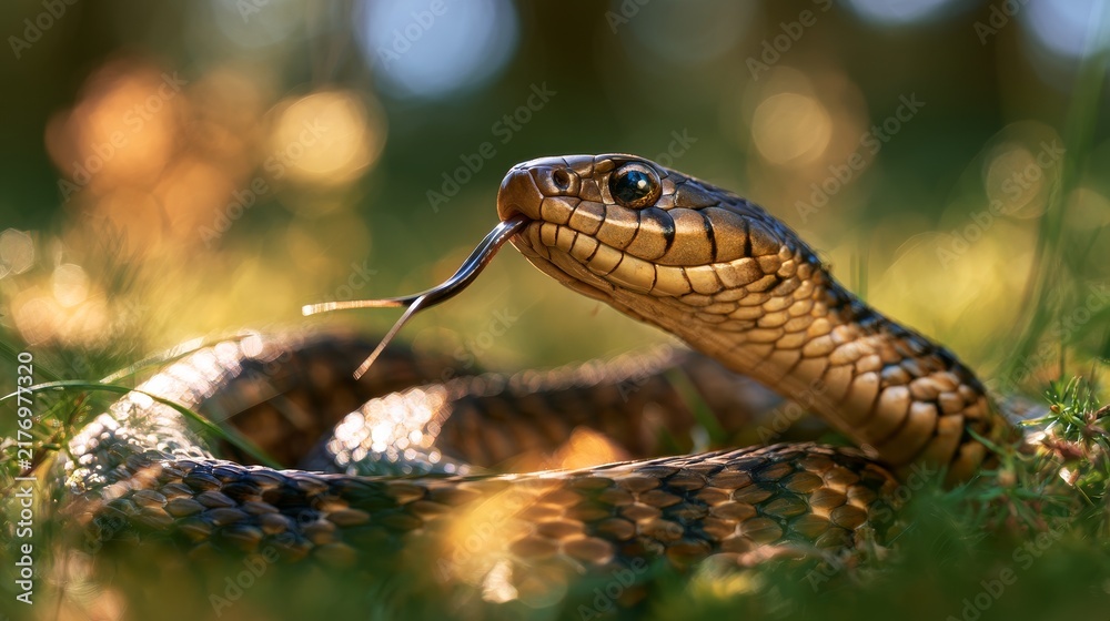 Naklejka premium Close-up of a snake with a patterned body and flicking tongue resting on green grass in a natural outdoor setting with soft bokeh background