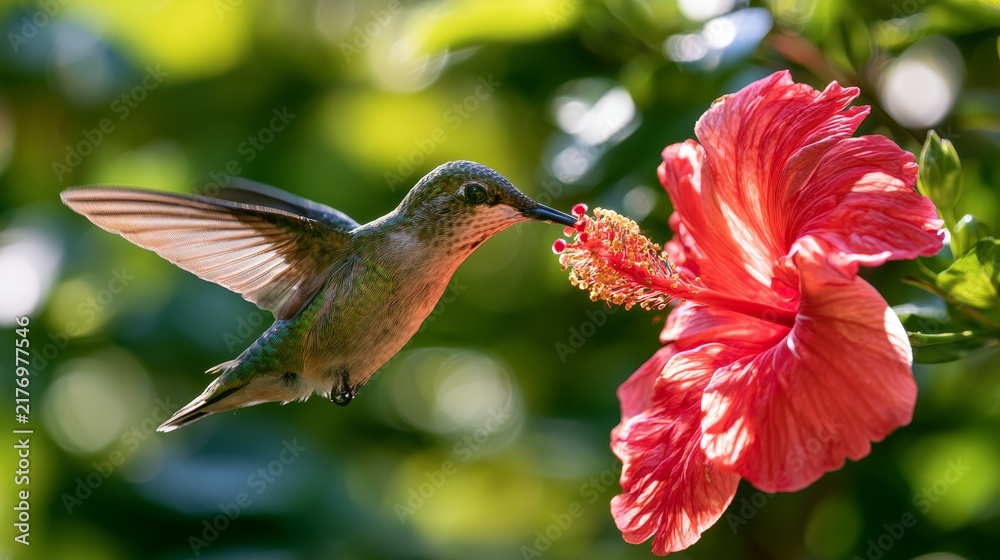 Obraz premium Hummingbird hovering near vibrant red hibiscus flower with green foliage in the background, showcasing intricate details of wings and petals in natural sunlight