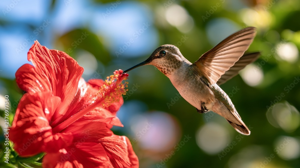 Obraz premium Hummingbird hovering near vibrant red hibiscus flower, with blurred green foliage and soft bokeh background creating a natural garden setting