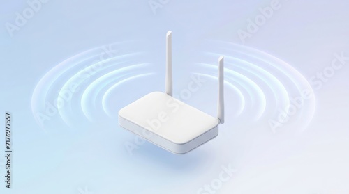 White wireless router with two antennas emitting blue signal waves representing high-speed internet connection, isolated on a clean minimalist gradient background