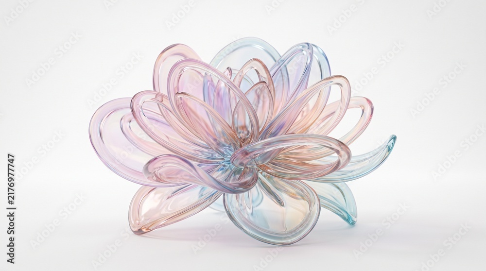 Fototapeta premium Glass flower sculpture featuring delicate translucent petals glows softly with iridescent pastel colors.