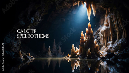 Obraz w ramie Stalagmites and stalactites growing in a dark subterranean limestone cave interior