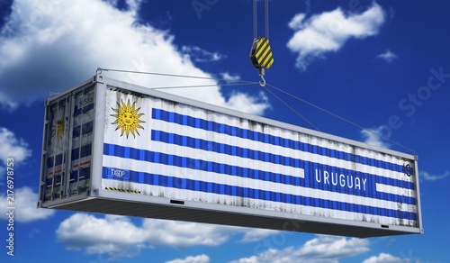 Uruguay - cargo container hanging on crane for international trade and logistics - 3D illustration