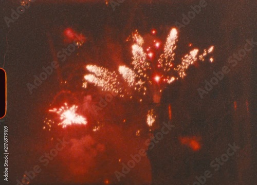 Vintage Super 8 Fireworks Exploding Over Night Sky