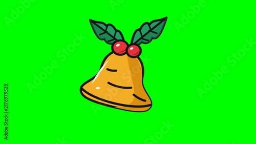 Animated cartoon golden holiday bell ringing on green screen background