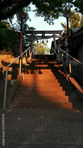 Slow Pan Down Shrine Stairs at Sunset with Cat Crossing in Japan