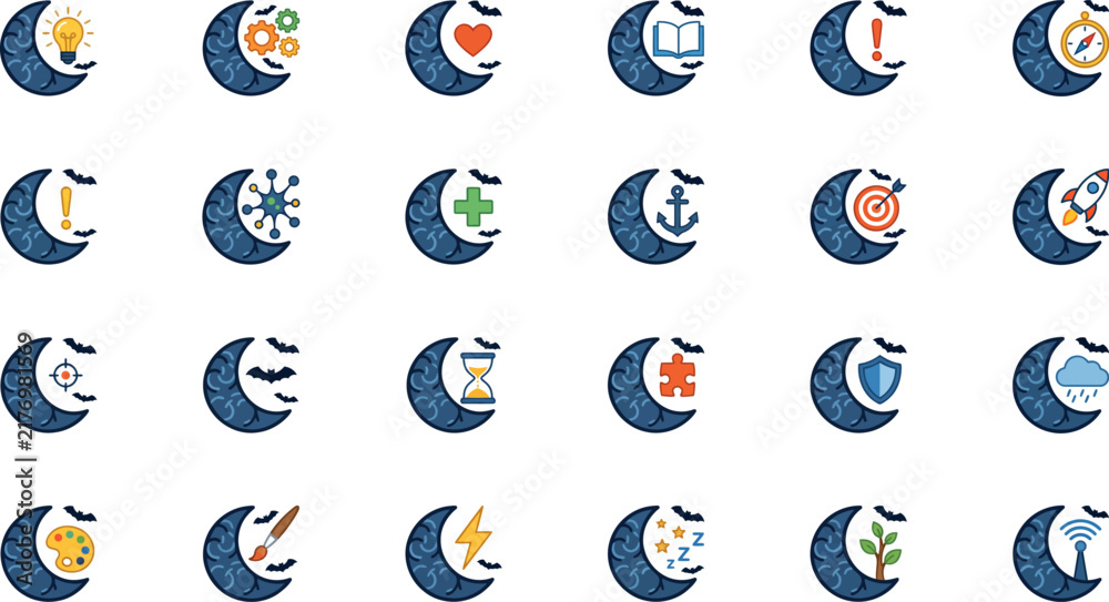 Fototapeta premium Crescent moon icons with various symbols flat vector illustration