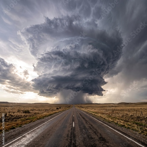 Dramatic Supercell Storm Over Prairie Landscape with Dark Clouds