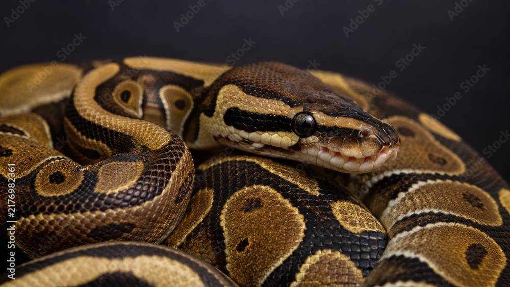 Obraz premium Close-up of a coiled ball python (royal python) showing textured scales, brown and yellow pattern, glossy eye, and detailed head in tight framing
