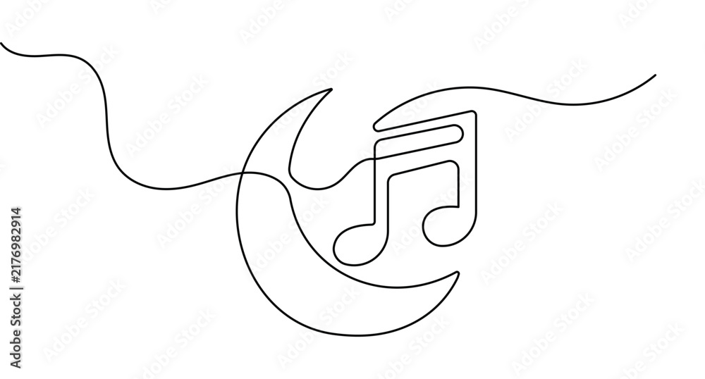 Obraz premium Moon music continuous line art depicting a crescent moon and a musical note with editable stroke