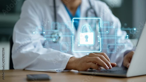Doctor typing on laptop with holographic lock in clinical office, white coat and stethoscope visible, digital data shield animation representing encryption