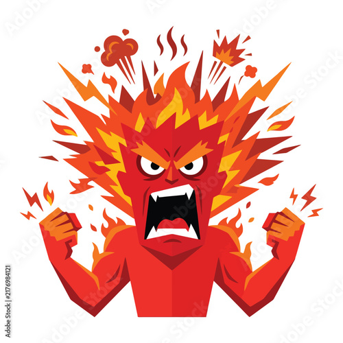 An angry person bursting with intense fury showing aggressive behavior while hair turns into burning flames as power radiates from body representing loss of control and overwhelming stress and