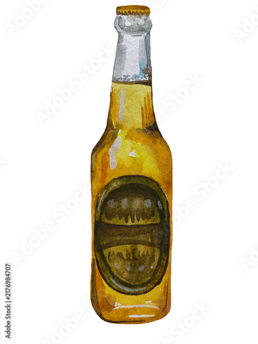 Hand-painted watercolor illustration of a light lager beer bottle