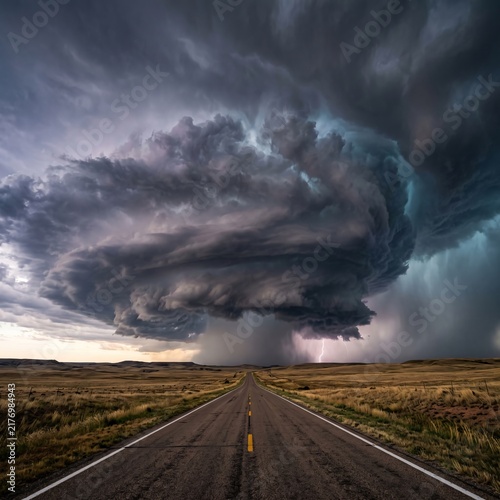 Dramatic Supercell Storm Over Prairie Landscape with Dark Clouds