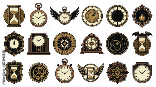  Steampunk vintage clock and hourglass collection, retro timekeeping icon set with wings, antique pocket watch and manometer vector graphics isolated PNG with Transparent Background