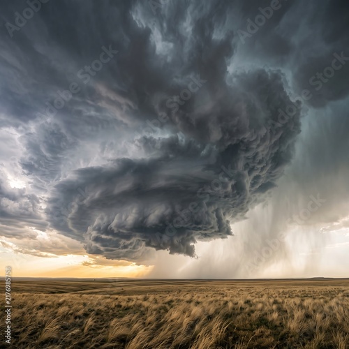 Dramatic Supercell Storm Over Prairie Landscape with Dark Clouds