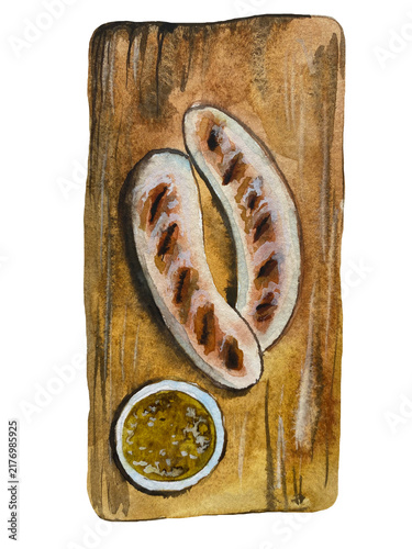 Hand-painted watercolor illustration of Bavarian sausages on a wooden board with dipping sauce