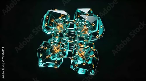 Turquoise geometric crystal structure glowing with gold connections for nanotechnology research ads