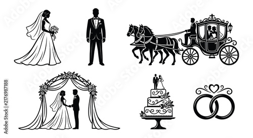 Wedding elements including bride groom carriage and rings in black silhouette style