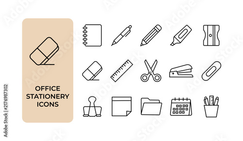 Office stationery icon set. School supplies, writing tools, desk equipment and workspace accessories thin line icons. Editable stroke vector illustrations.