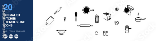 Minimalist Kitchen Utensils Line Icons Set, Modern Cooking Tools Illustration, Food & Beverage Design Elements.