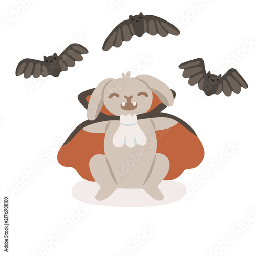 Cute bunny dressed as a vampire bat with flying bats around. Adorable Halloween animal character with cape and fangs, isolated on background. Flat vector illustration.