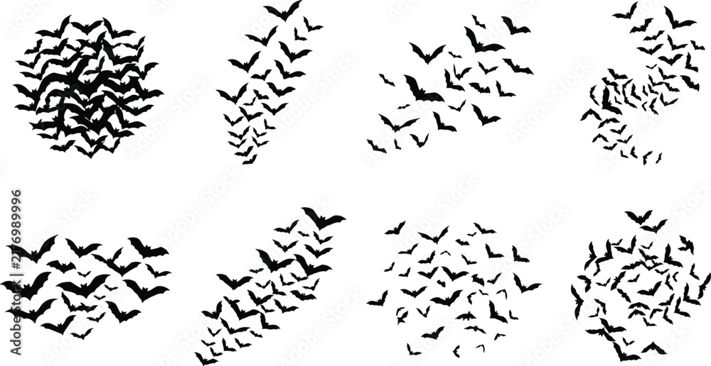 Fototapeta premium Silhouette bat formations in flight patterns for Halloween and spooky night designs