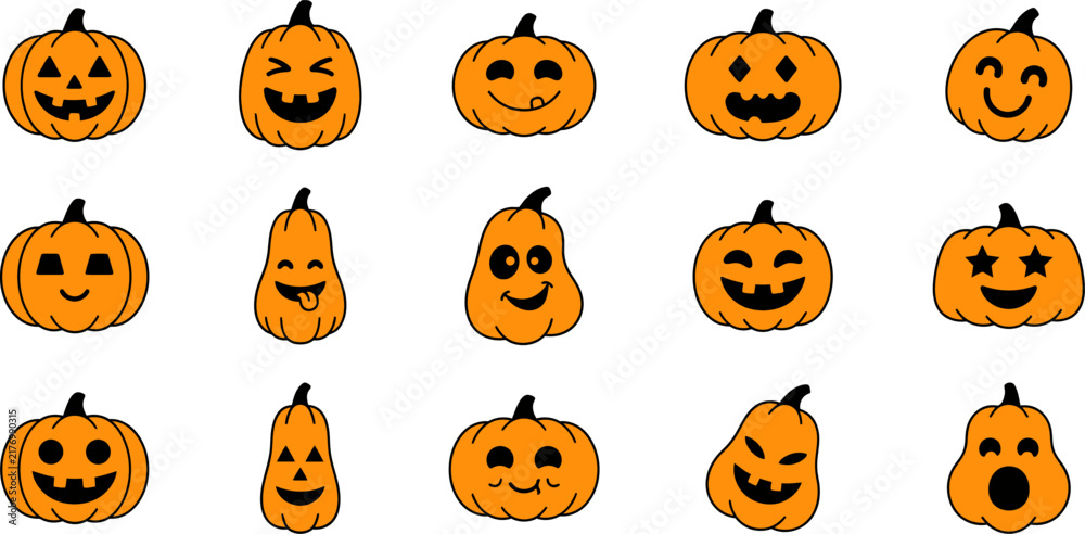 Obraz premium Set of cute cartoon pumpkin stickers with various funny facial expressions for halloween holiday decoration and design